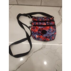 KIPLING KEIKO Nylon Travel Shoulder Crossbody Bag Gray Red Floral Black Trim